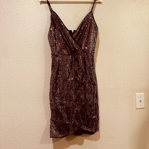 Sequin V-Neck Dress - Brown